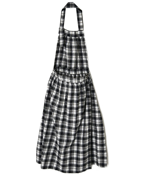 INAM2674 YARN DYED COTTON CHECK GATHERED APRON DRESS