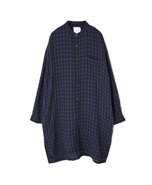 INAM2682DGD COTTON DOUBLE GAUZE CHECK OVERDYE UTILITY BANDED COLLAR LONG SHIRT