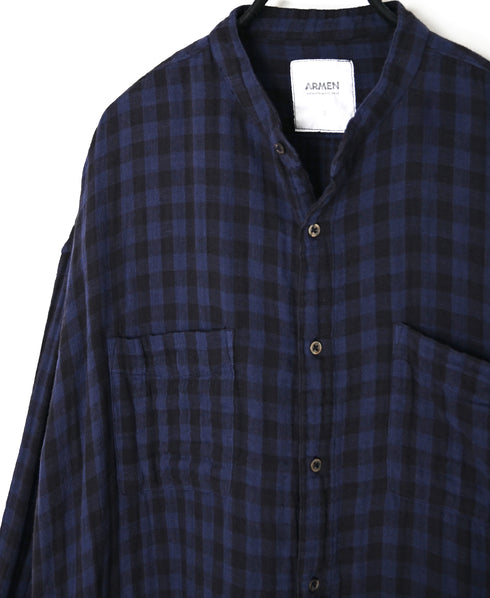 INAM2682DGD COTTON DOUBLE GAUZE CHECK OVERDYE UTILITY BANDED COLLAR LONG SHIRT