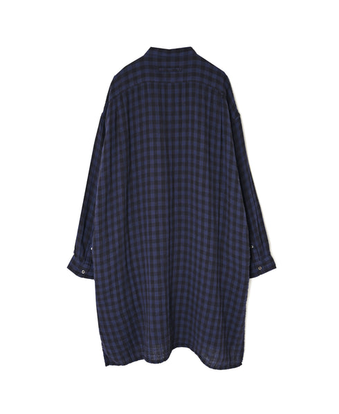 INAM2682DGD COTTON DOUBLE GAUZE CHECK OVERDYE UTILITY BANDED COLLAR LONG SHIRT