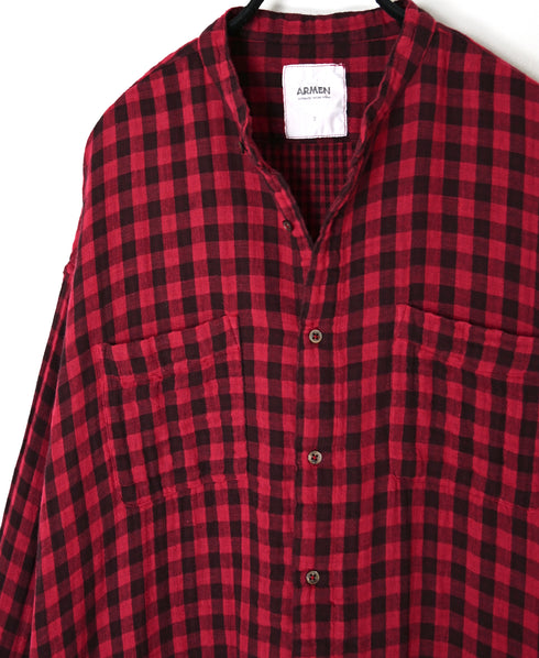 INAM2682DGD COTTON DOUBLE GAUZE CHECK OVERDYE UTILITY BANDED COLLAR LONG SHIRT