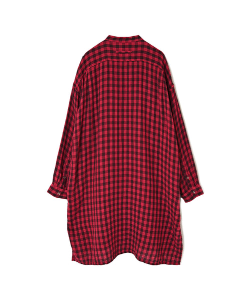 INAM2682DGD COTTON DOUBLE GAUZE CHECK OVERDYE UTILITY BANDED COLLAR LONG SHIRT