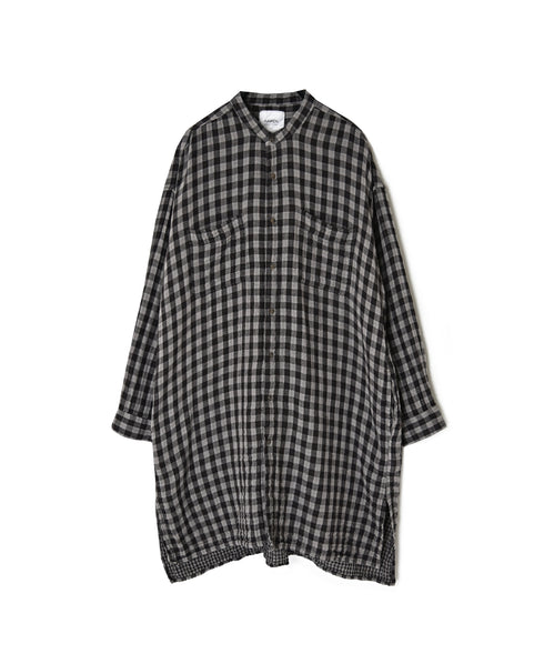 INAM2682DGD COTTON DOUBLE GAUZE CHECK OVERDYE UTILITY BANDED COLLAR LONG SHIRT