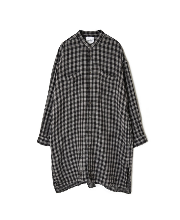 INAM2682DGD COTTON DOUBLE GAUZE CHECK OVERDYE UTILITY BANDED COLLAR LONG SHIRT