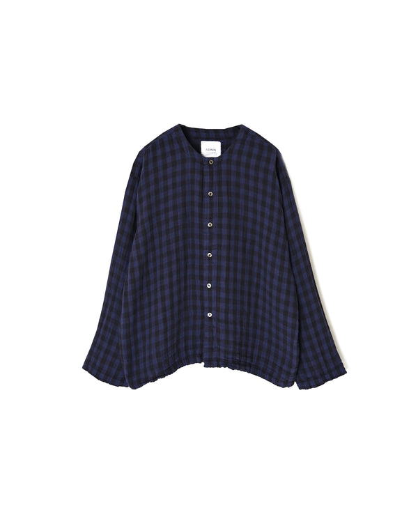 INAM2683DGD COTTON DOUBLE GAUZE CHECK OVERDYE CREW NECK CARDIGAN