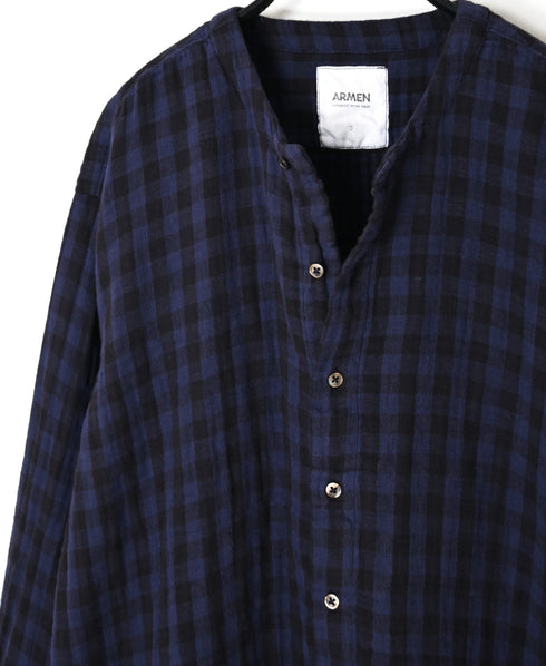 INAM2683DGD COTTON DOUBLE GAUZE CHECK OVERDYE CREW NECK CARDIGAN