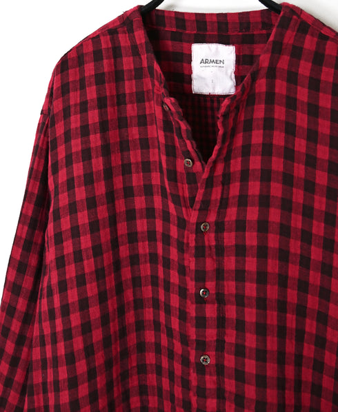 INAM2683DGD COTTON DOUBLE GAUZE CHECK OVERDYE CREW NECK CARDIGAN