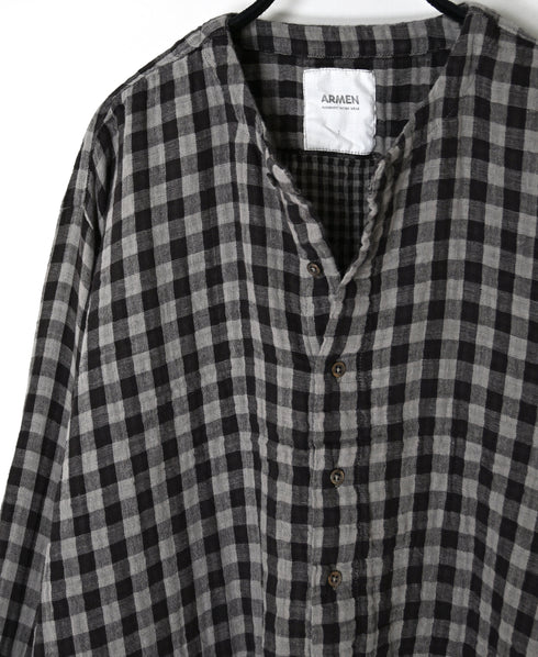 INAM2683DGD COTTON DOUBLE GAUZE CHECK OVERDYE CREW NECK CARDIGAN