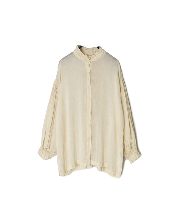 INMDS25011D AUTO LOOM COTTON/LINEN PLAIN OVERDYE FRILL COLLAR SHIRT WITH MINI PINTUCK