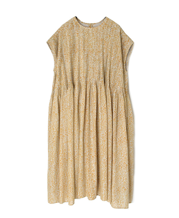 INMDS26104 80s COTTON FLOWER BLOCK PRINT FRENCH/SL DRESS WITH RANDOM PLEATS