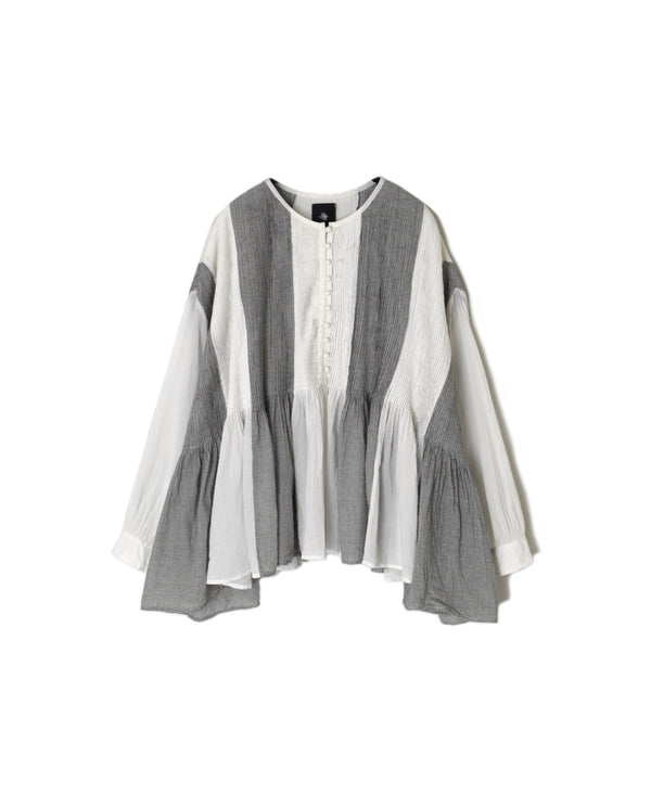 INMDS26111W HANDWOVEN COTTON SINGLE CHECK PATCHWORK BALL BUTTON SHIRTS WITH MINI PINTUCK