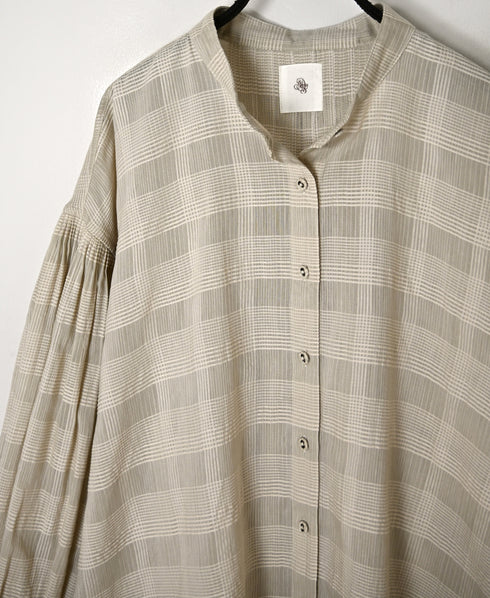 INMDS26711 COTTON/SILK SELF FINE CHECK BANDED COLLAR SHIRTS WITH MINI PINTUCK