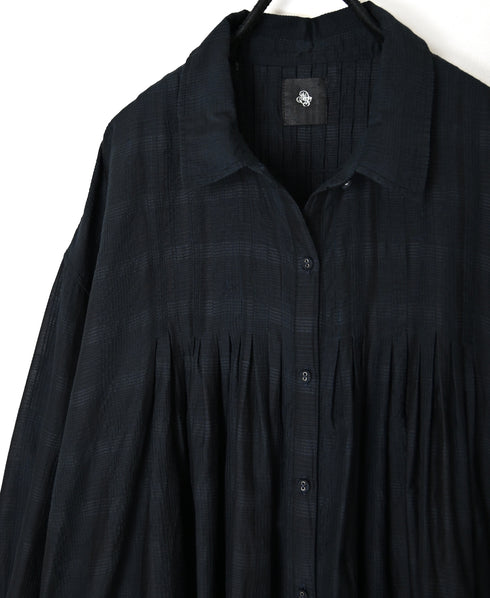 INMDS26713 COTTON/SILK SELF FINE CHECK REGULAR COLLAR INVERTED PLEATED LONG SHIRTS