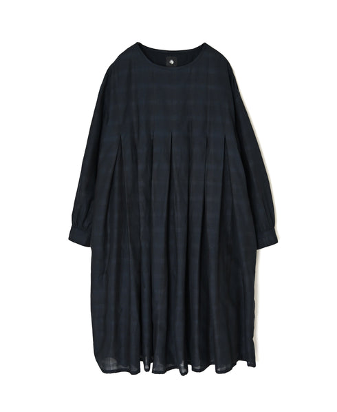 INMDS26714 COTTON/SILK SELF FINE CHECK INVERTED PLEATED L/SL DRESS WITH LINING