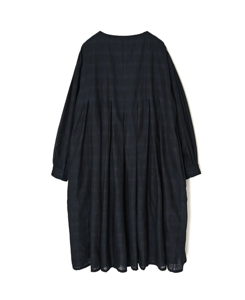 INMDS26714 COTTON/SILK SELF FINE CHECK INVERTED PLEATED L/SL DRESS WITH LINING