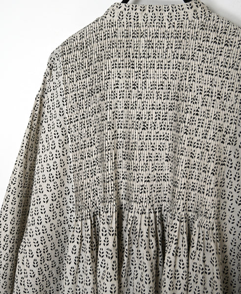 INMDS26722 80s VOILE LITTLE TREE BLOCK PRINT MINI PINTUCK BANDED COLLAR SHIRTS