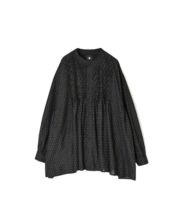 INMDS26722 80s VOILE LITTLE TREE BLOCK PRINT MINI PINTUCK BANDED COLLAR SHIRTS