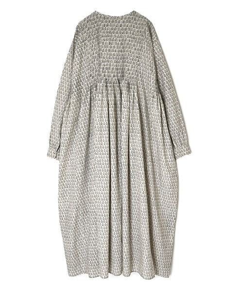 INMDS26723 80s VOILE LITTLE TREE BLOCK PRINT CREW-NECK DRESS WITH MINI PINTUCK
