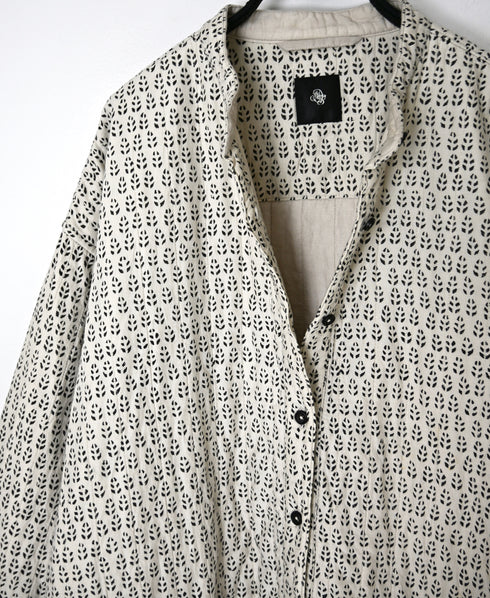 INMDS26724 80s VOILE LITTLE TREE BLOCK PRINT VERTICAL STITCHED BANDED COLLAR SHIRTS