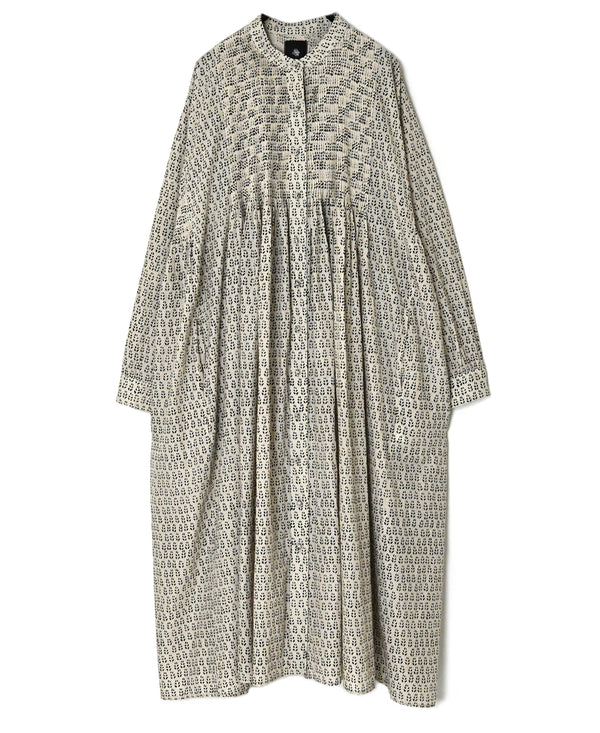 INMDS26727 80s VOILE LITTLE TREE BLOCK PRINT MINI PINTUCK BANDED COLLAR SHIRTS DRESS