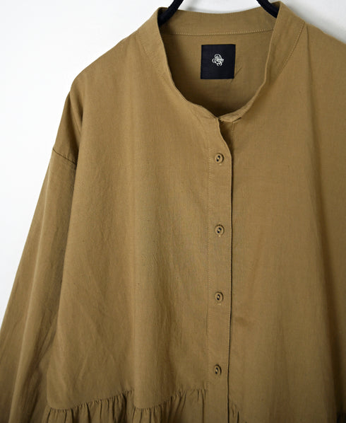 INMDS26731 HANDWOVEN HEAVY COTTON PLAIN BANDED COLLAR GATHERED SHIRTS