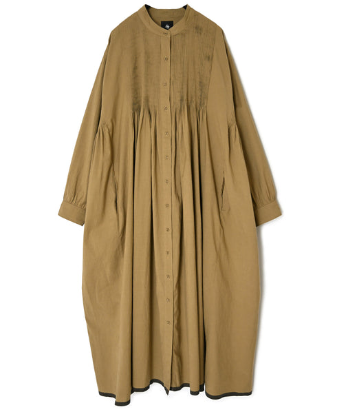 INMDS26734 HANDWOVEN HEAVY COTTON PLAIN WITH SELVAGE BANDED COLLAR SHIRTS DRESS WITH MINI PINTUCK