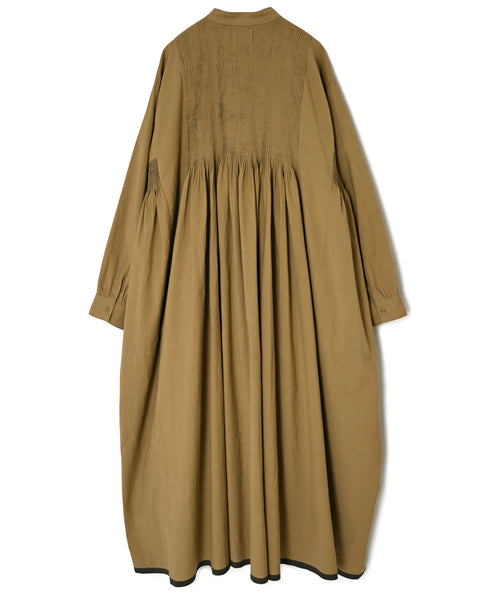 INMDS26734 HANDWOVEN HEAVY COTTON PLAIN WITH SELVAGE BANDED COLLAR SHIRTS DRESS WITH MINI PINTUCK
