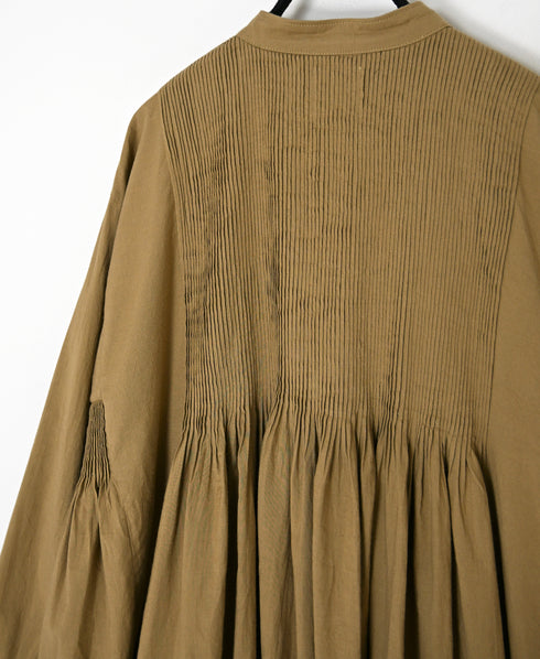 INMDS26734 HANDWOVEN HEAVY COTTON PLAIN WITH SELVAGE BANDED COLLAR SHIRTS DRESS WITH MINI PINTUCK
