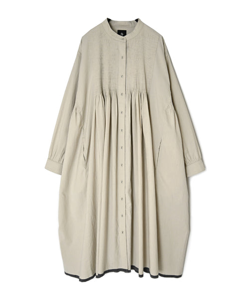 INMDS26734 HANDWOVEN HEAVY COTTON PLAIN WITH SELVAGE BANDED COLLAR SHIRTS DRESS WITH MINI PINTUCK
