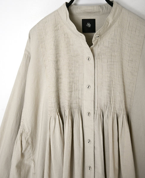 INMDS26734 HANDWOVEN HEAVY COTTON PLAIN WITH SELVAGE BANDED COLLAR SHIRTS DRESS WITH MINI PINTUCK