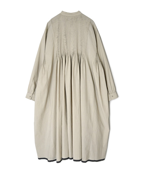 INMDS26734 HANDWOVEN HEAVY COTTON PLAIN WITH SELVAGE BANDED COLLAR SHIRTS DRESS WITH MINI PINTUCK