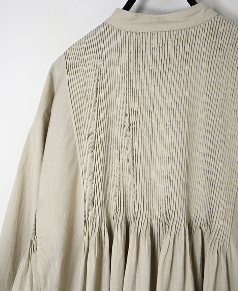 INMDS26734 HANDWOVEN HEAVY COTTON PLAIN WITH SELVAGE BANDED COLLAR SHIRTS DRESS WITH MINI PINTUCK