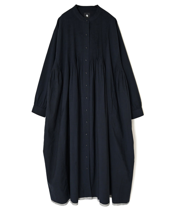 INMDS26734 HANDWOVEN HEAVY COTTON PLAIN WITH SELVAGE BANDED COLLAR SHIRTS DRESS WITH MINI PINTUCK