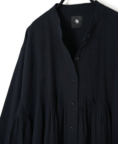 INMDS26734 HANDWOVEN HEAVY COTTON PLAIN WITH SELVAGE BANDED COLLAR SHIRTS DRESS WITH MINI PINTUCK