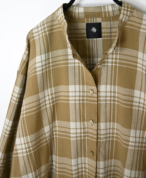 INMDS26741 HANDWOVEN HEAVY COTTON UNIQUE GINGHAM CHK BANDED COOLAR SHIRTS WITH INVERTED PLEATS