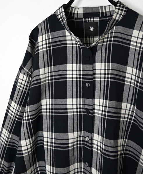 INMDS26741 HANDWOVEN HEAVY COTTON UNIQUE GINGHAM CHK BANDED COOLAR SHIRTS WITH INVERTED PLEATS