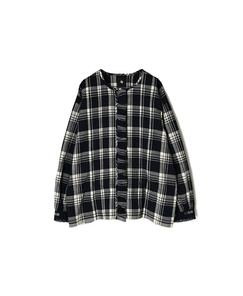 INMDS26742 HANDWOVEN HEAVY COTTON UNIQUE GINGHAM CHECK FRILL&PINTUCK SHIRTS WITH LACE