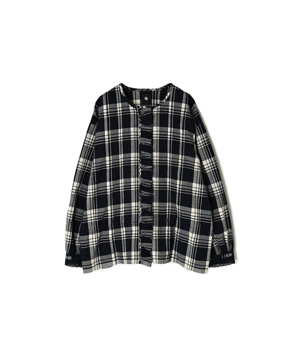 INMDS26742 HANDWOVEN HEAVY COTTON UNIQUE GINGHAM CHECK FRILL&PINTUCK SHIRTS WITH LACE