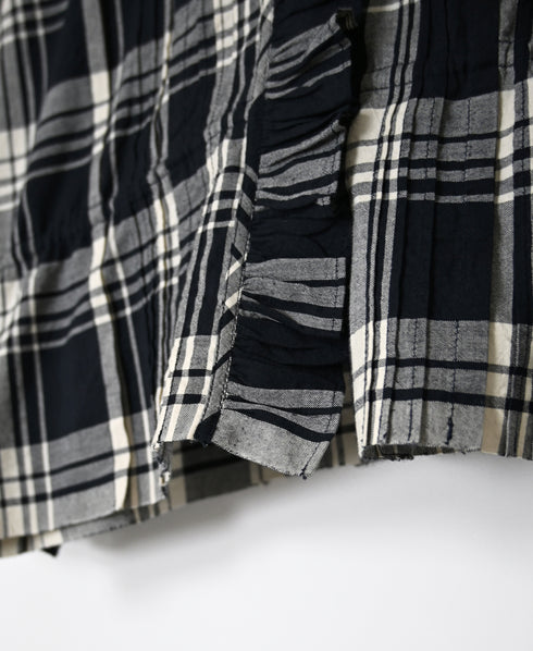 INMDS26742 HANDWOVEN HEAVY COTTON UNIQUE GINGHAM CHECK FRILL&PINTUCK SHIRTS WITH LACE