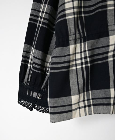 INMDS26742 HANDWOVEN HEAVY COTTON UNIQUE GINGHAM CHECK FRILL&PINTUCK SHIRTS WITH LACE