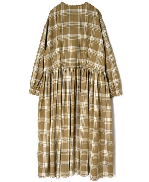 INMDS26744 HANDWOVEN HEAVY COTTON UNIQUE GINGHAM CHECK CREW NECK DRESS WITH PINTUCK