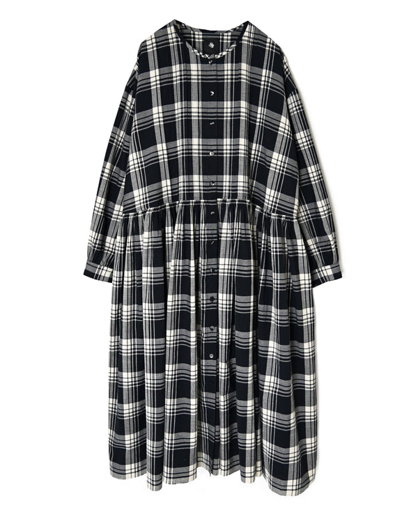 INMDS26744 HANDWOVEN HEAVY COTTON UNIQUE GINGHAM CHECK CREW NECK DRESS WITH PINTUCK