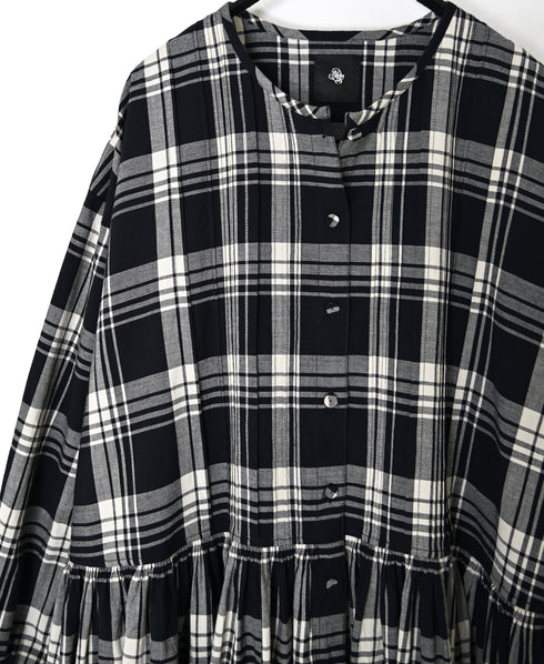 INMDS26744 HANDWOVEN HEAVY COTTON UNIQUE GINGHAM CHECK CREW NECK DRESS WITH PINTUCK