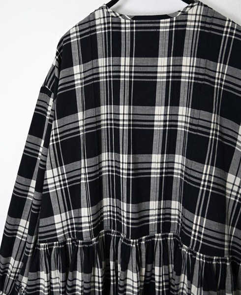 INMDS26744 HANDWOVEN HEAVY COTTON UNIQUE GINGHAM CHECK CREW NECK DRESS WITH PINTUCK