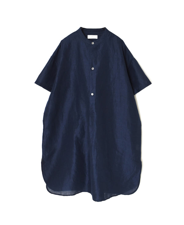 INSL26323 60s AUTO LOOM COTTON/LINEN PLAIN BANDED COLLAR S/SL TUNIC