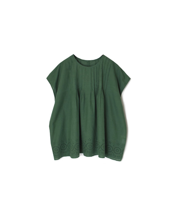 INSL26342 80s VOILE PLAIN WITH CUT WORK LACE CREW NECK FRENCH/SL SHIRTS WITH PINTUCK