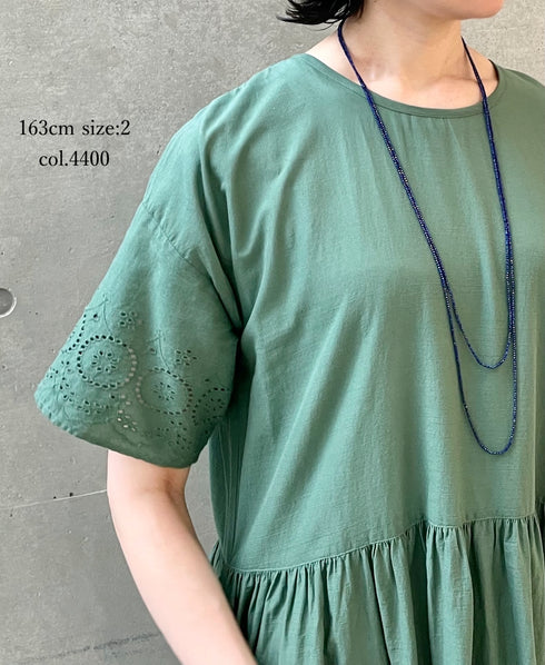 INSL26343 80s VOILE PLAIN WITH CUT WORK LACE CREW NECK PULLOVER DRESS
