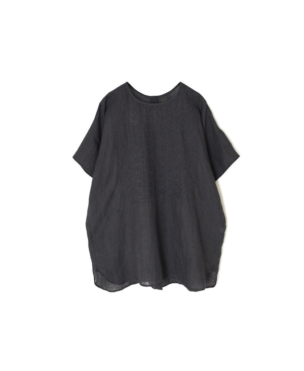 NMDS25242 80s POWER LOOM LINEN PLAIN BACK OPENING CREW-NECK S/SL EMB SHIRT