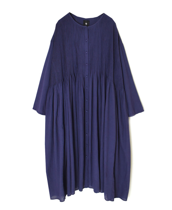 NMDS26234D 80s ORGANIC MICRO CHECK OVERDYE CREW-NECK BUTTON SHIRT MAXI DRESS WITH MINI PINTUCK