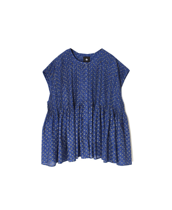 NMDS26252 80s VOILE SMALL GENTIANA BLOCK PRINT CREW-NECK BUTTON F/SLEEVE SHIRT WITH PINTUCK